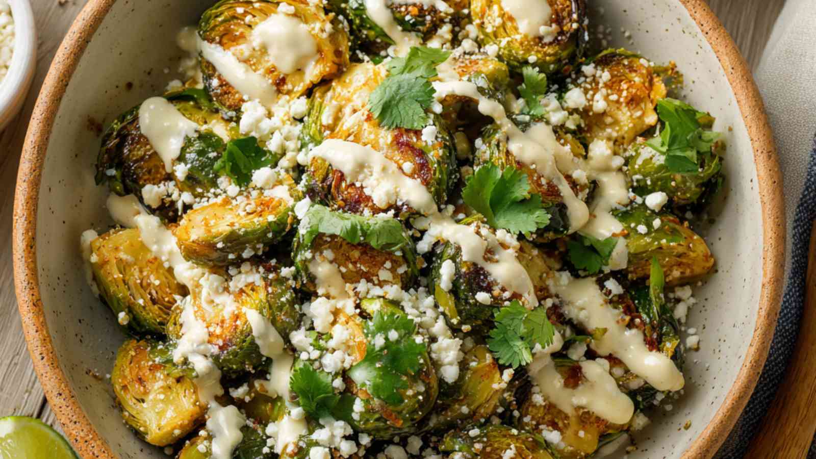 Crispy Mexican street corn Brussels sprouts with cotija cheese, cilantro and creamy lime sauce
