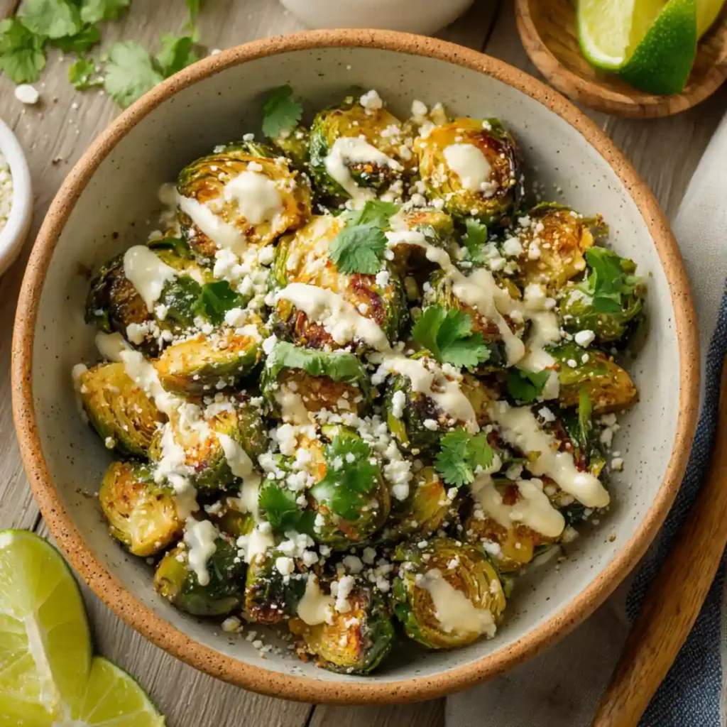 Roasted Brussels sprouts with cotija cheese, cilantro and creamy sauce