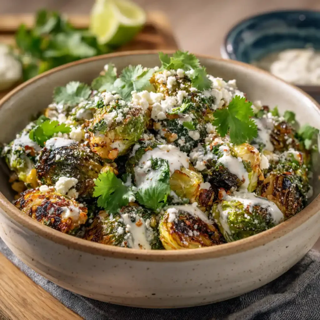 Crispy Brussels sprouts with Mexican street corn flavors and creamy topping