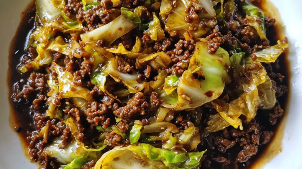 Low carb Mongolian ground beef cooked with tender cabbage in a savory sauce