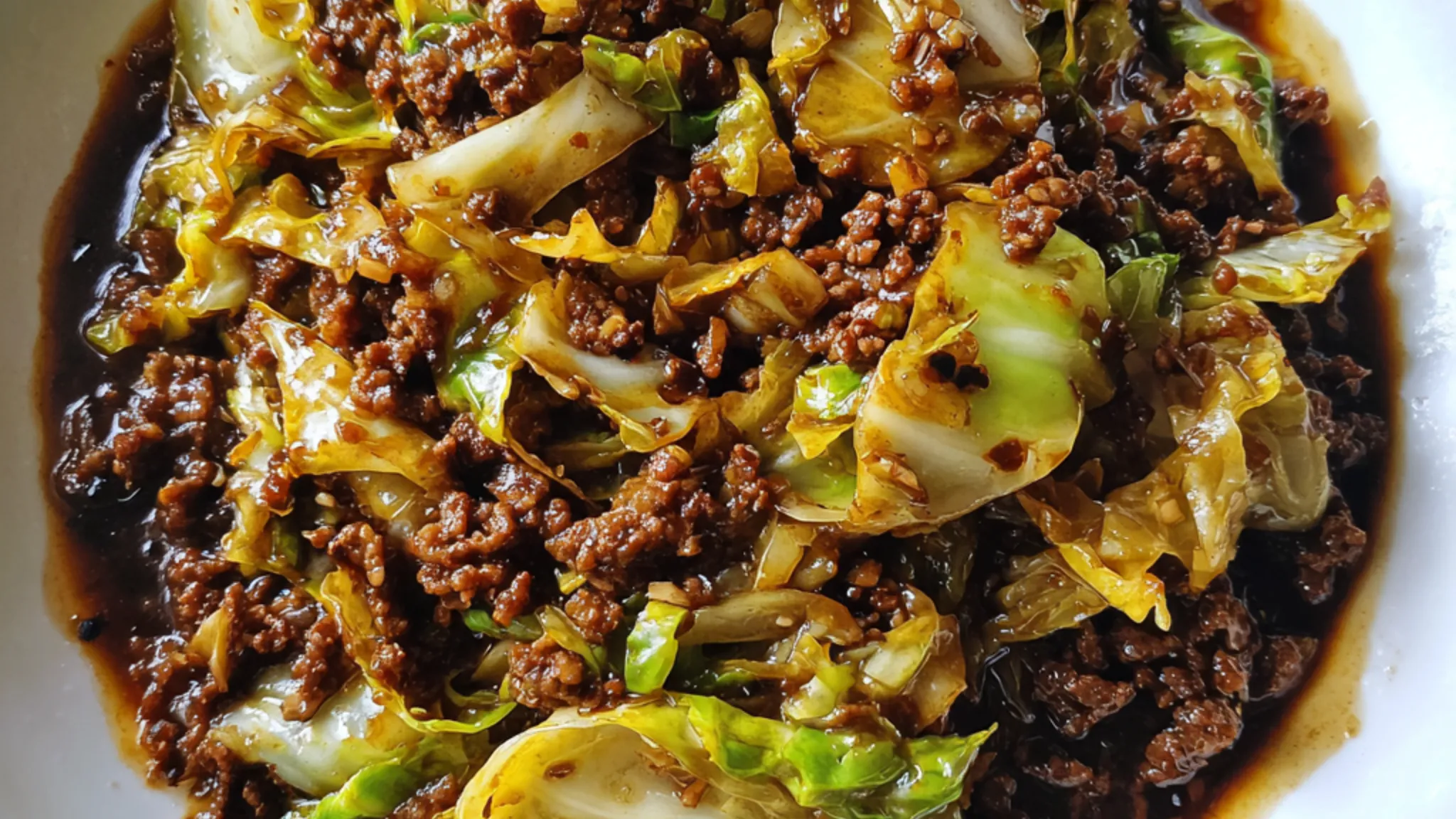 Low carb Mongolian ground beef cooked with tender cabbage in a savory sauce