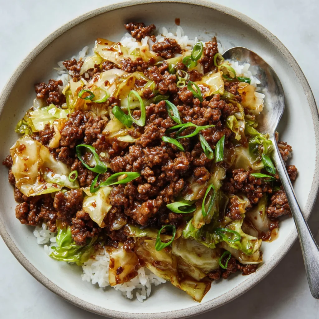 Mongolian beef and cabbage served with green onions