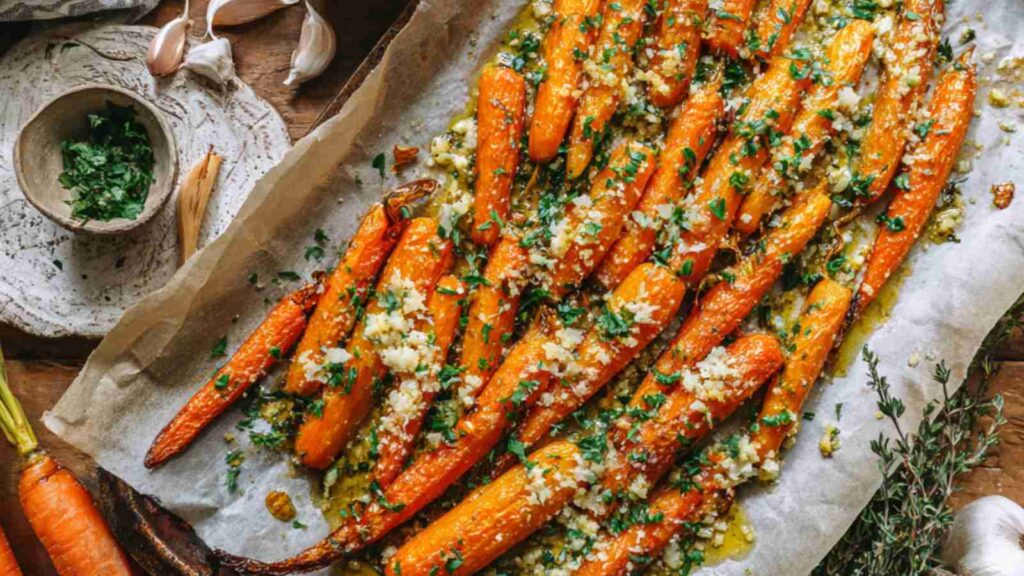 Oven roasted smashed carrots with garlic, olive oil and fresh thyme