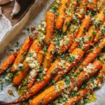 Oven roasted smashed carrots with garlic, olive oil and fresh thyme
