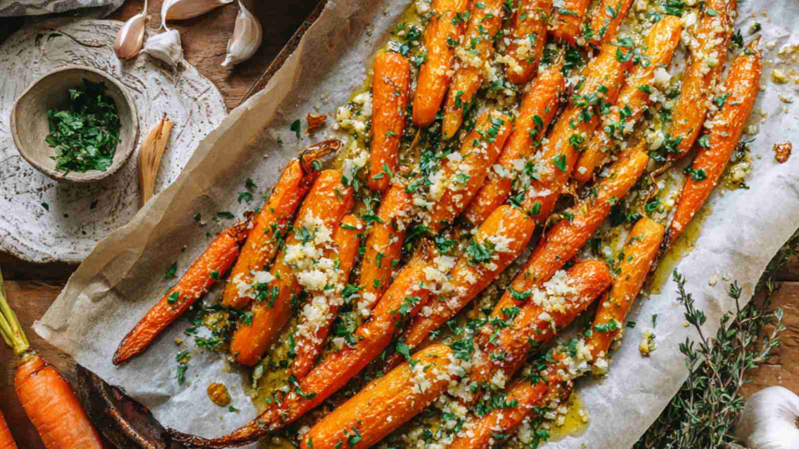 Oven roasted smashed carrots with garlic, olive oil and fresh thyme