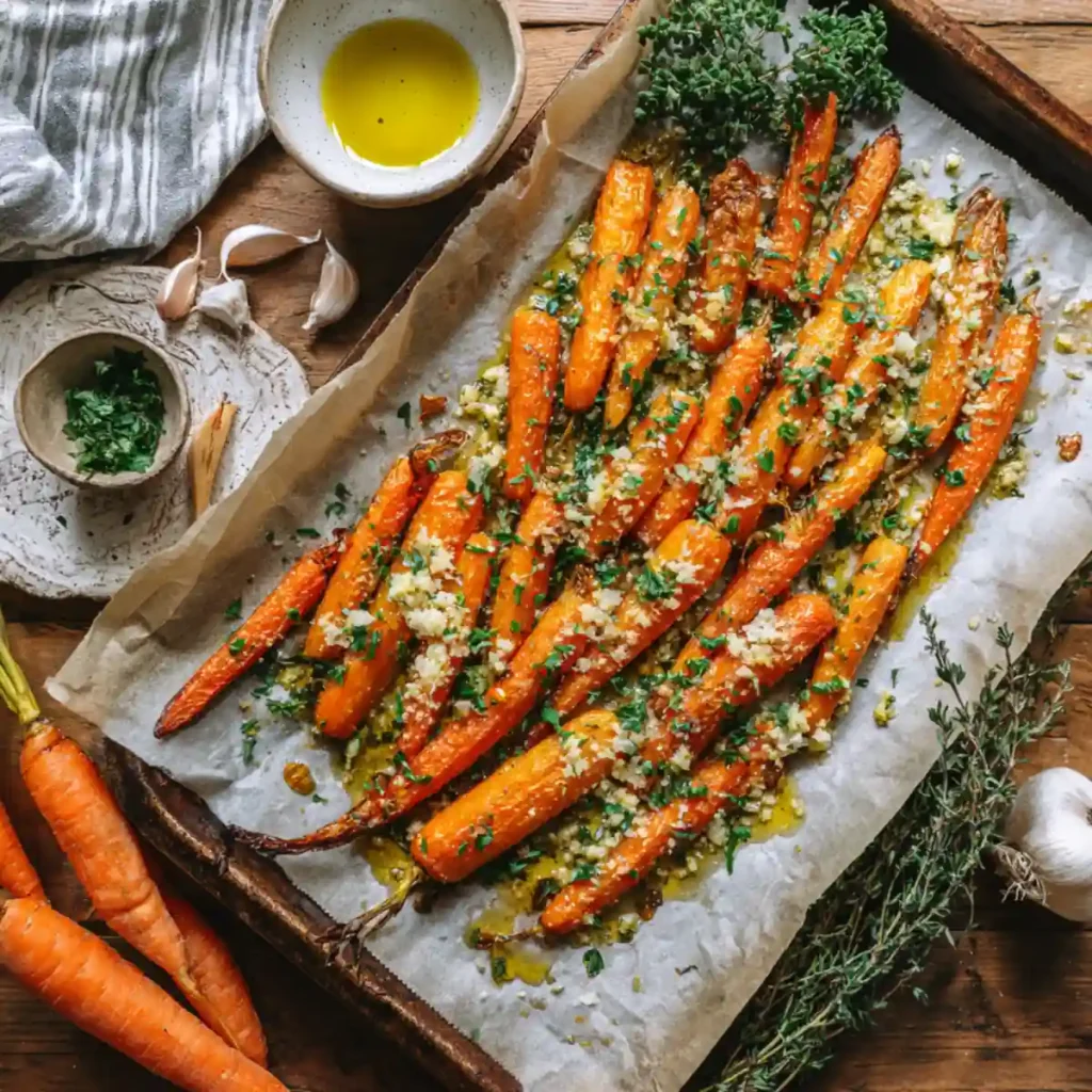Garlic roasted carrots with thyme and olive oil
