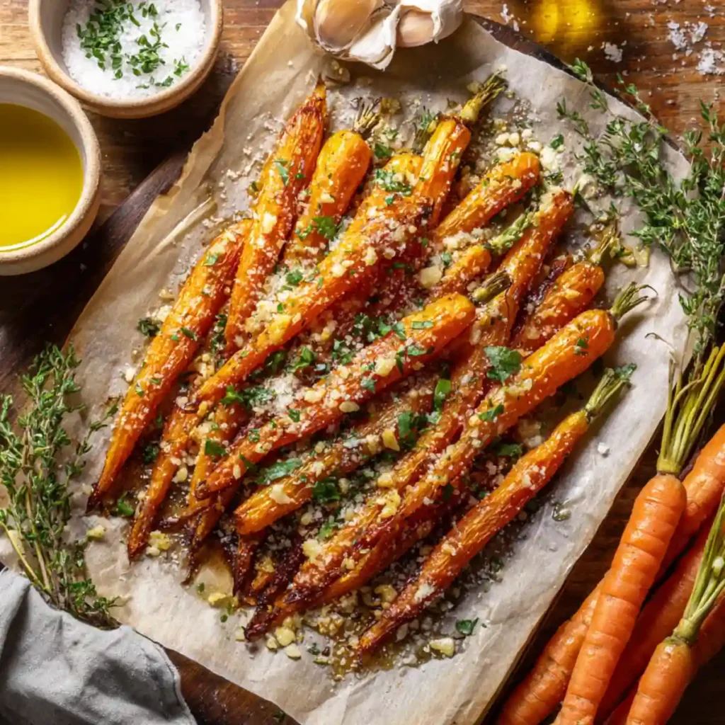 Crispy smashed carrots baked with garlic and herbs