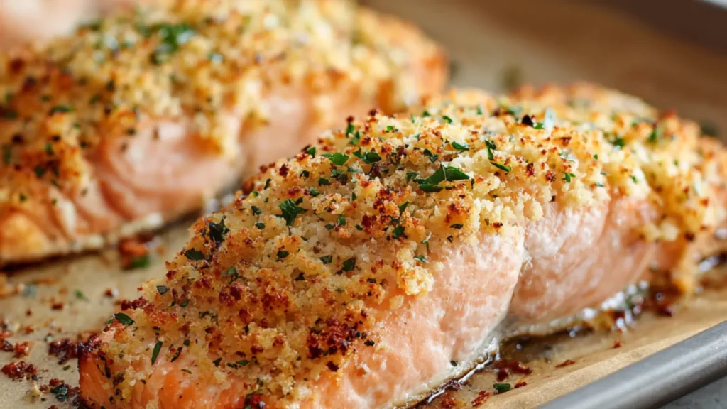 Oven baked salmon with a golden parmesan herb crust on a baking tray