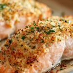 Oven baked salmon with a golden parmesan herb crust on a baking tray