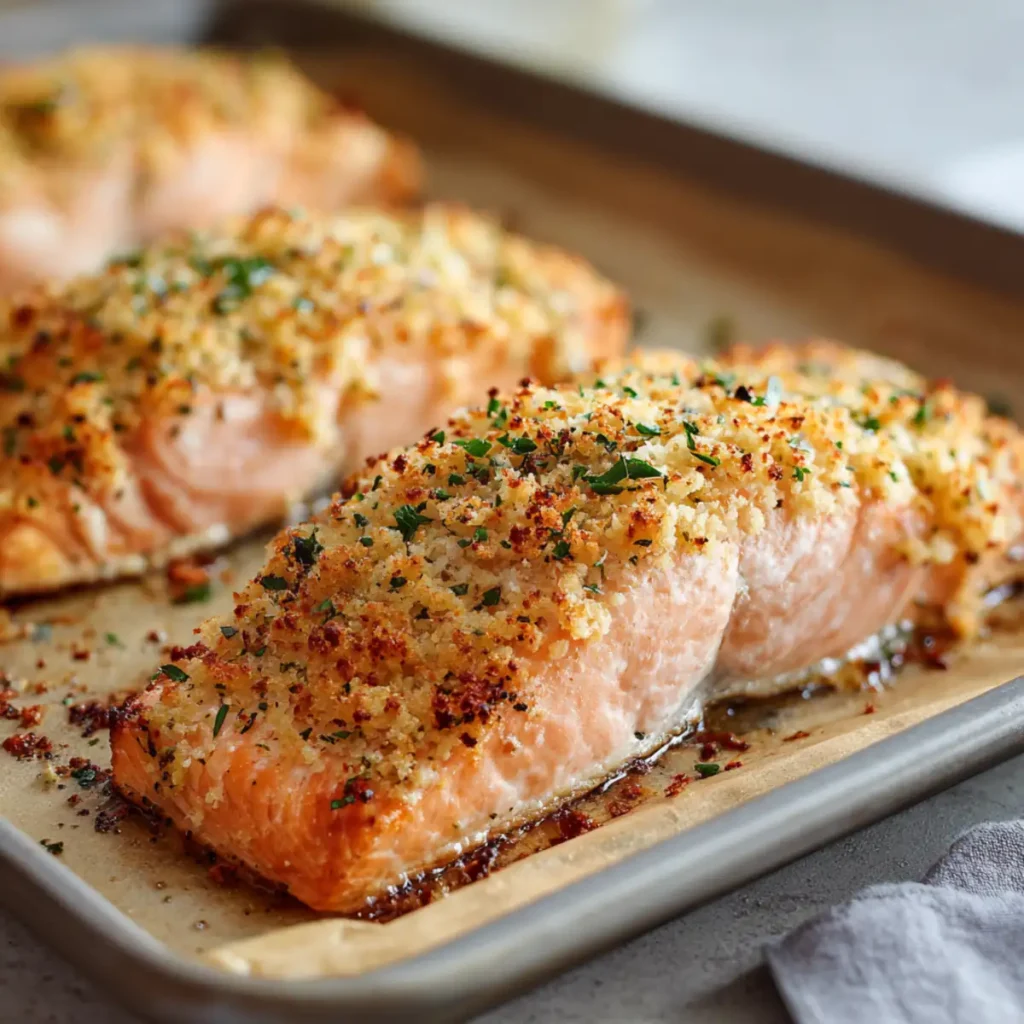 Oven baked parmesan crusted salmon portions on parchment paper