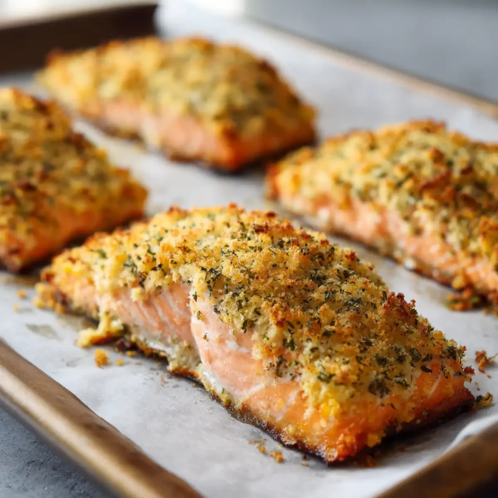 Oven baked parmesan crusted salmon portions on parchment paper