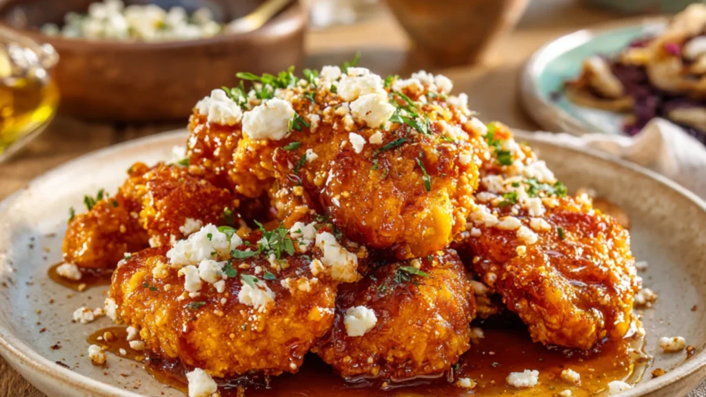 Crispy hot honey chicken topped with crumbled feta and fresh herbs on a rustic plate