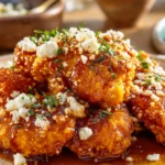 Crispy hot honey chicken topped with crumbled feta and fresh herbs on a rustic plate