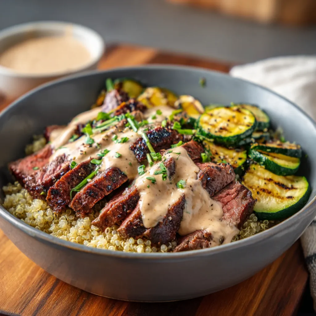 Sliced grilled steak with creamy sauce and roasted zucchini in a rustic bowl