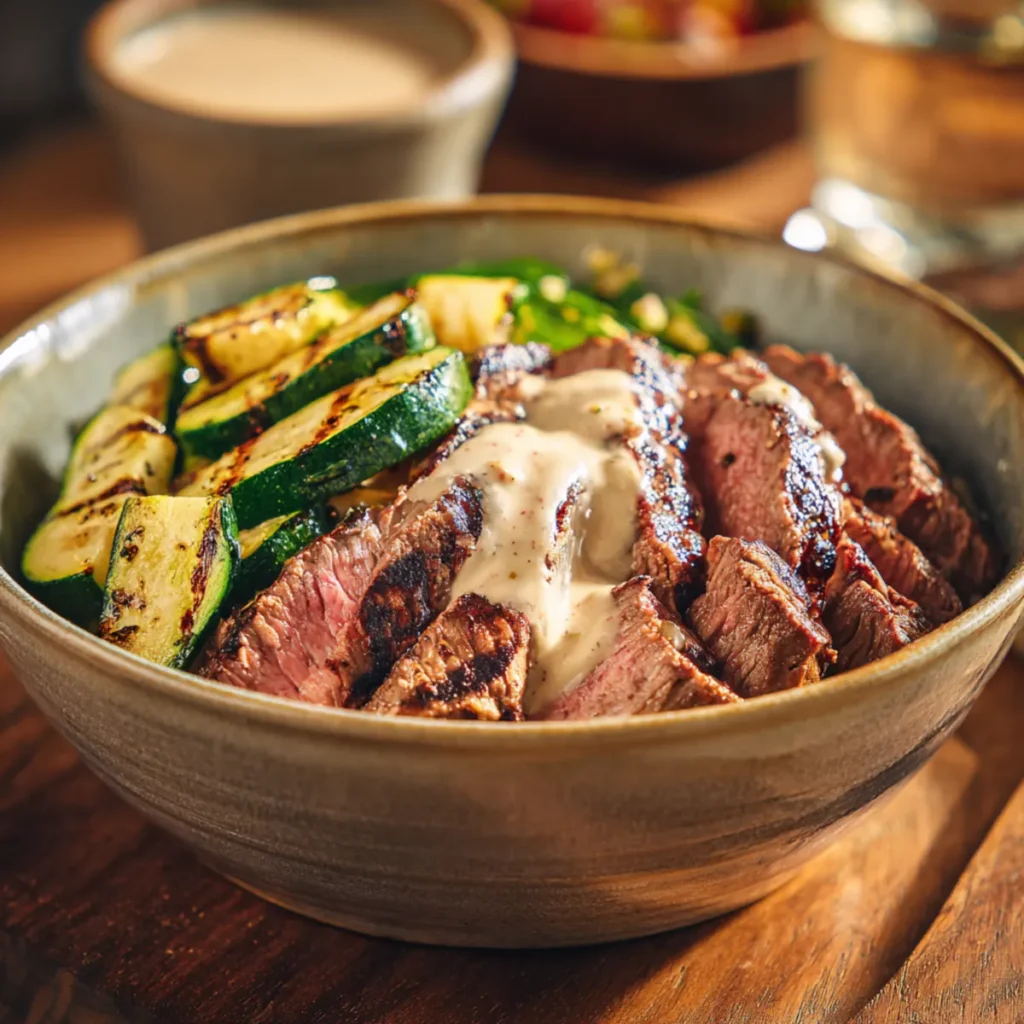 Sliced grilled steak with creamy sauce and roasted zucchini in a rustic bowl