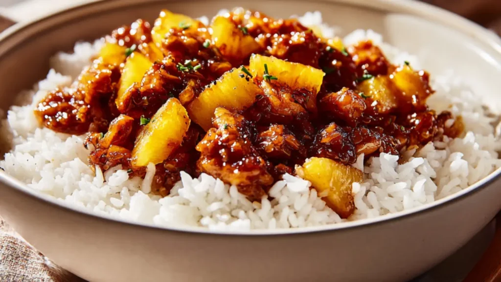 Caramelized pineapple chicken with glossy sauce served over fluffy white rice
