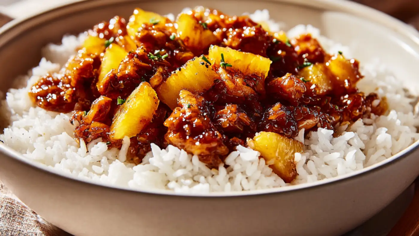 Caramelized pineapple chicken with glossy sauce served over fluffy white rice