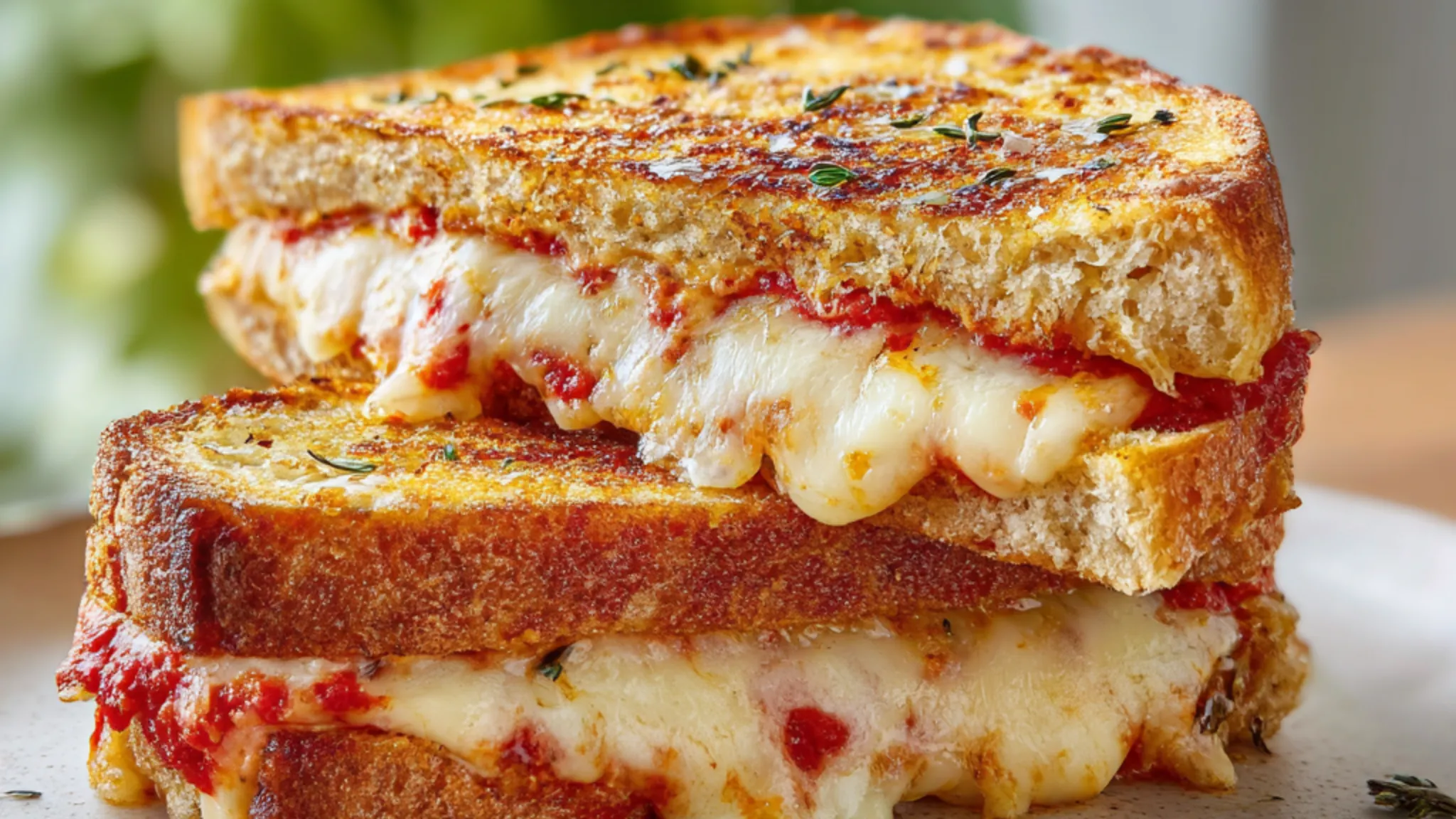 Pizza-style grilled cheese sandwich with melted mozzarella and tomato sauce on golden toasted bread