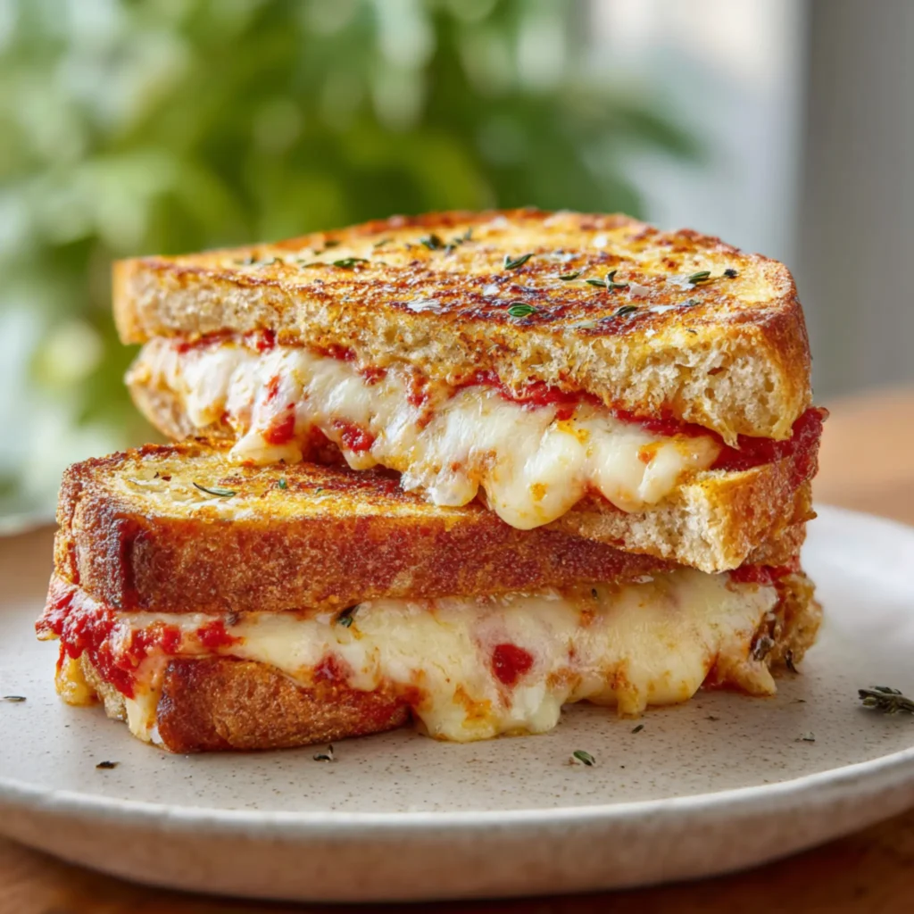 Grilled cheese sandwich with mozzarella and tomato sauce cooked until golden and crisp
