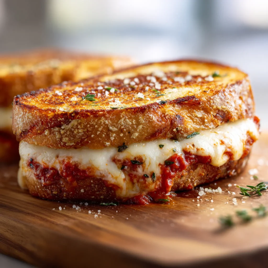 Cheesy pizza-style grilled sandwich with tomato sauce and crisp toasted bread