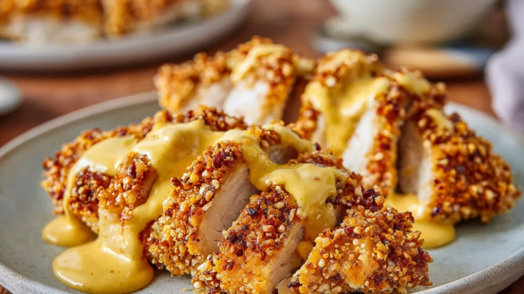 Crispy oven-baked pretzel-crusted chicken sliced and drizzled with creamy mustard sauce