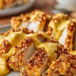 Crispy oven-baked pretzel-crusted chicken sliced and drizzled with creamy mustard sauce