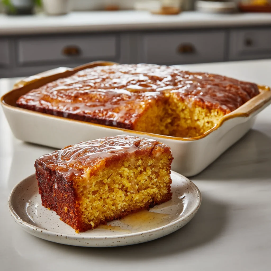Pumpkin honey bun cake slice served on a plate with cinnamon glaze