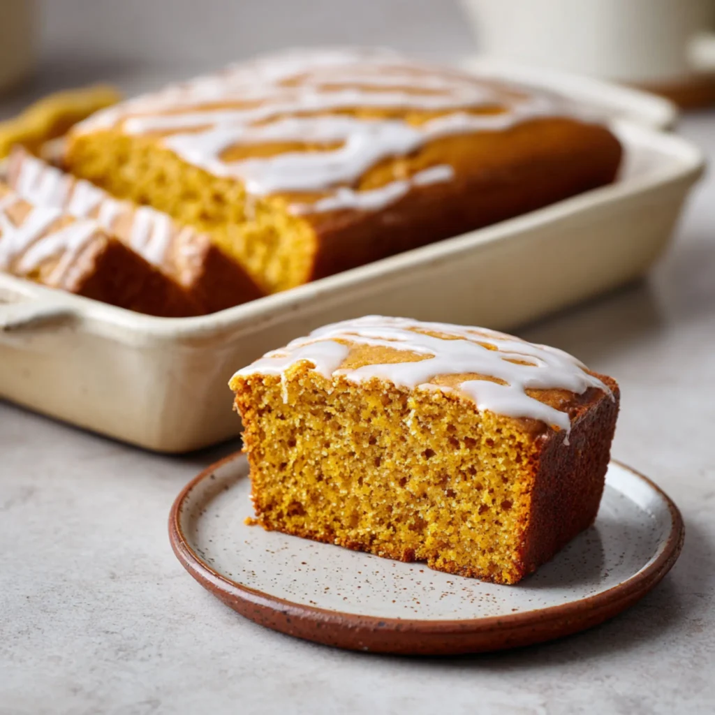 Slice of pumpkin honey bun cake showing a moist, fluffy interior with spiced pumpkin flavor