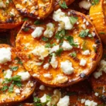 Roasted sweet potato rounds topped with crumbled feta and fresh herbs