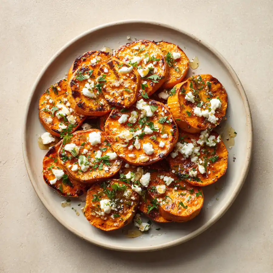 Sweet potato rounds roasted until golden with feta and herbs