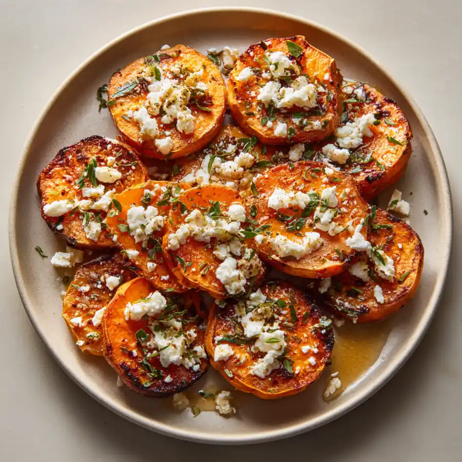 Herb-roasted sweet potato slices topped with crumbled feta