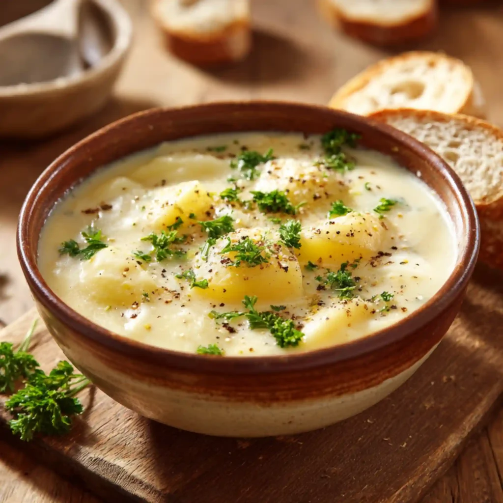 Creamy garlic potato soup in ceramic bowl with fresh parsley