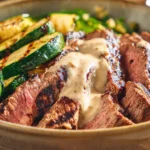 Grilled steak slices with creamy sauce served alongside sautéed zucchini in a rustic bowl