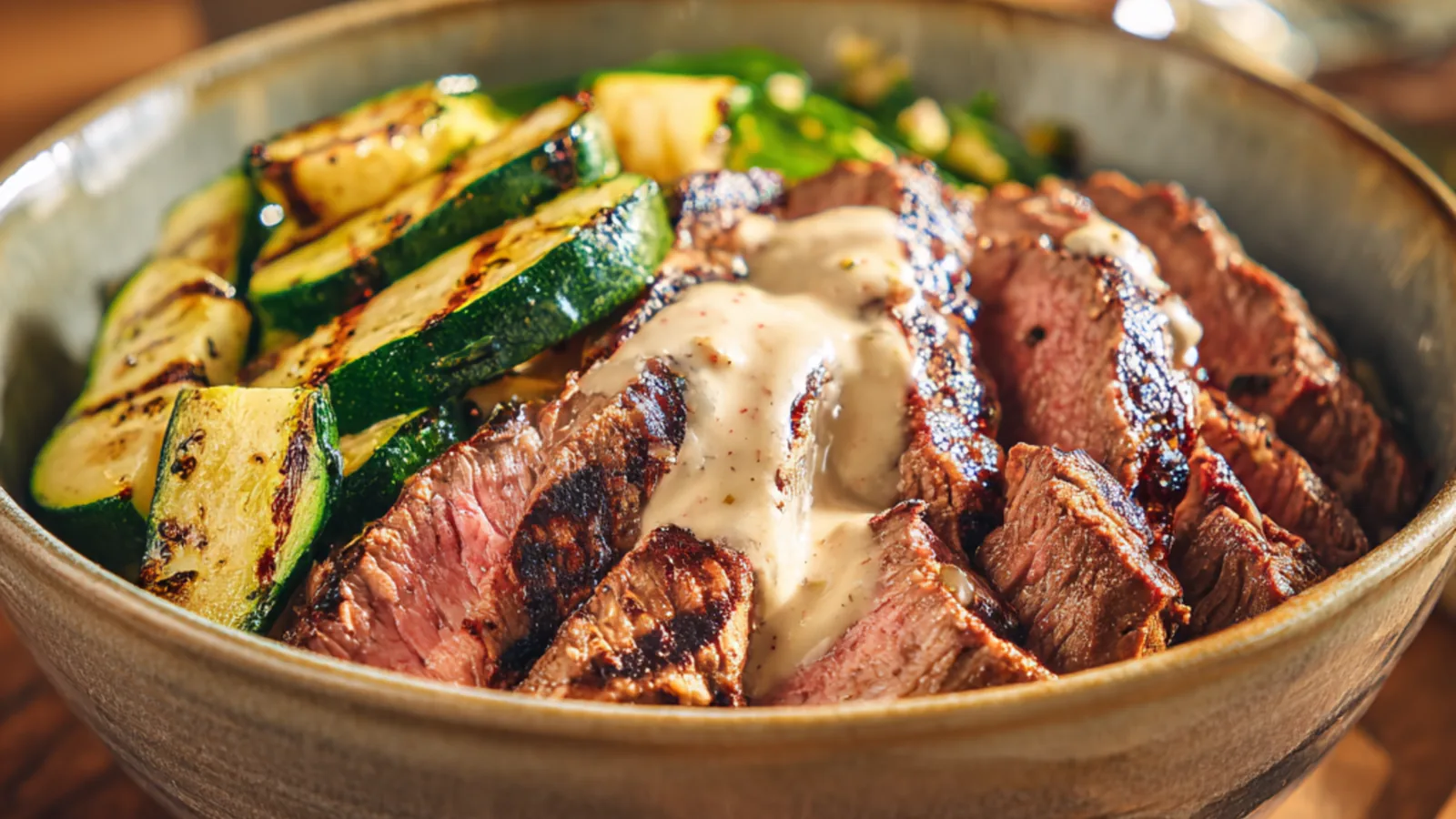 Grilled steak slices with creamy sauce served alongside sautéed zucchini in a rustic bowl