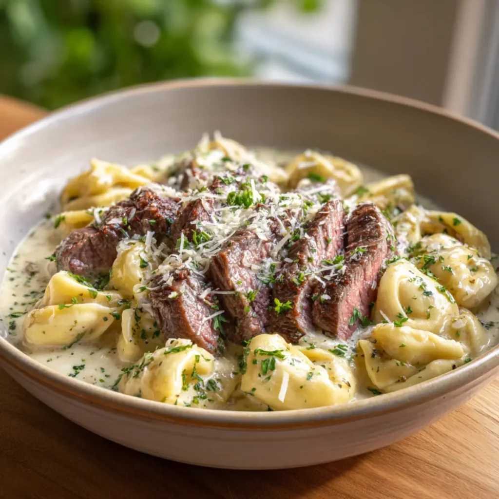Creamy steak tortellini pasta with garlic sauce and fresh herbs
