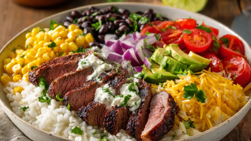 Steak burrito bowl with sliced grilled steak, rice, black beans, corn, avocado and cherry tomatoes