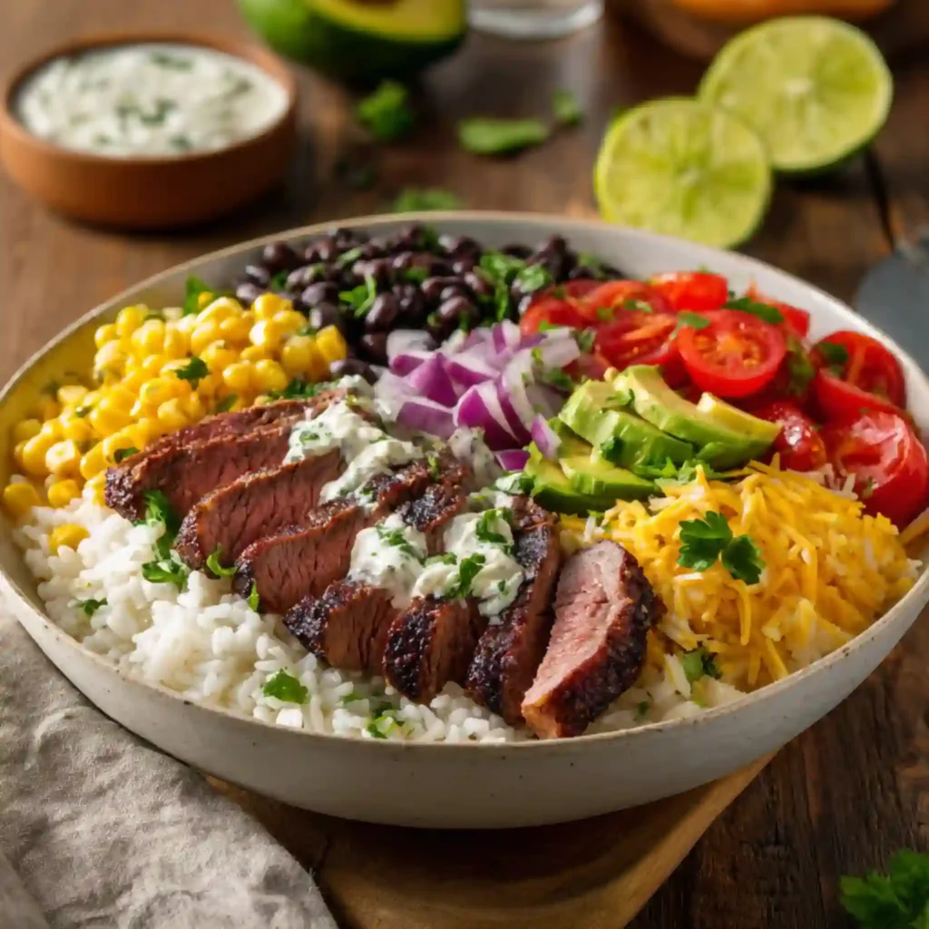 Grilled steak burrito bowl with rice, corn, black beans and avocado