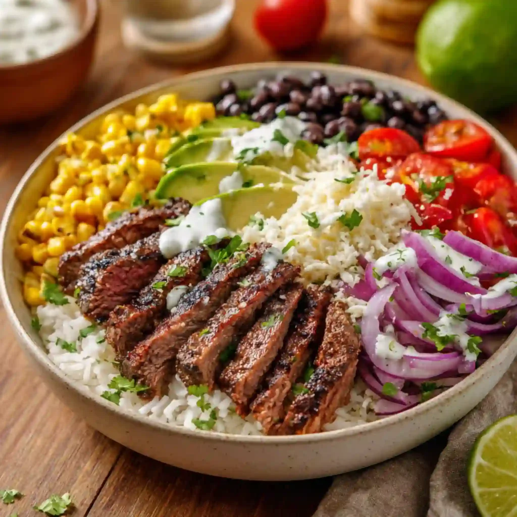 Steak rice bowl topped with red onion, avocado, cheese and creamy sauce