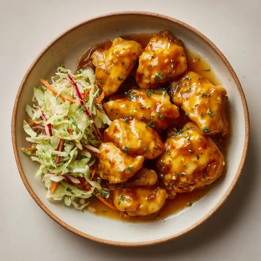Sticky apple cider glazed chicken served with fresh cabbage slaw in a rustic bowl