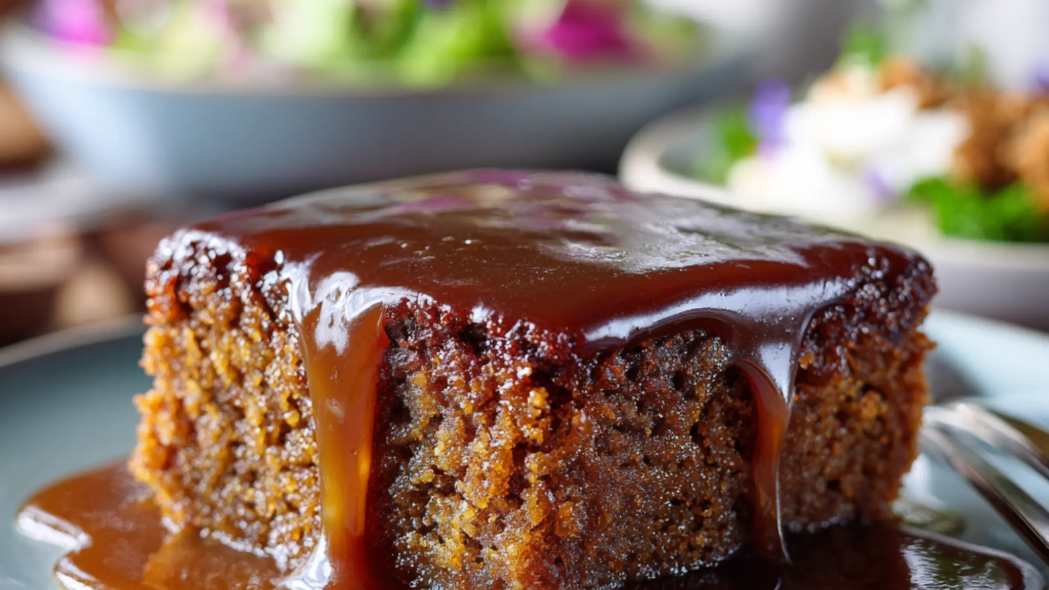 Classic sticky toffee pudding slice drizzled with warm toffee sauce on a plate