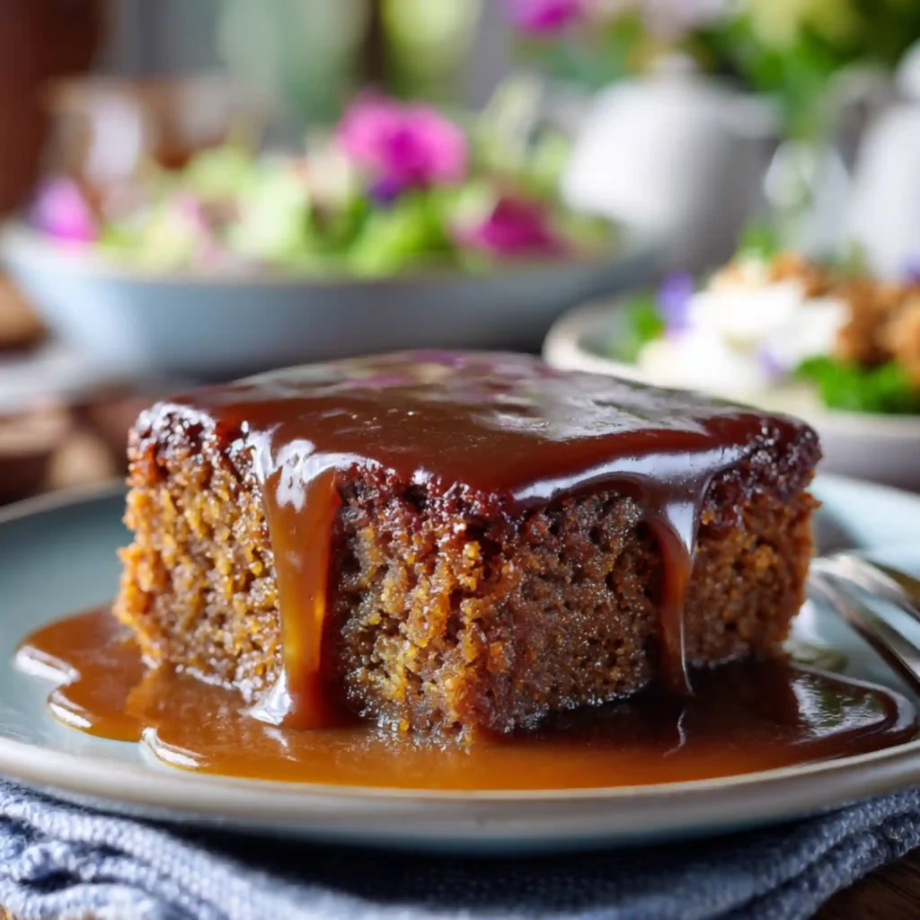 Moist sticky toffee pudding covered in caramel sauce on ceramic plate