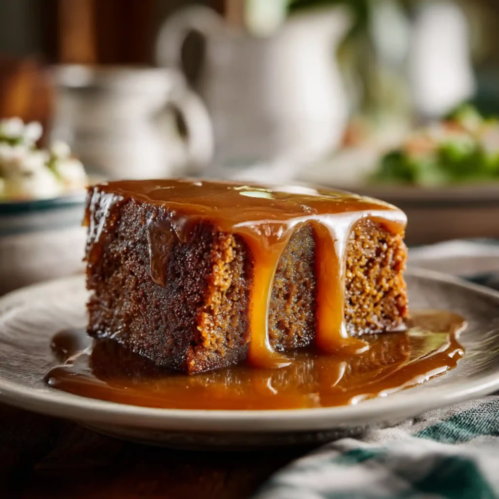 Caramel soaked sticky toffee pudding slice served on rustic plate
