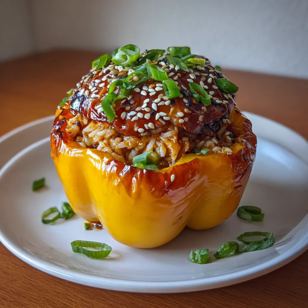 Baked yellow bell pepper stuffed with teriyaki chicken and rice