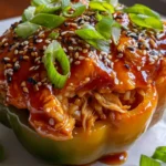 Teriyaki chicken stuffed bell pepper topped with sesame seeds and sliced green onions