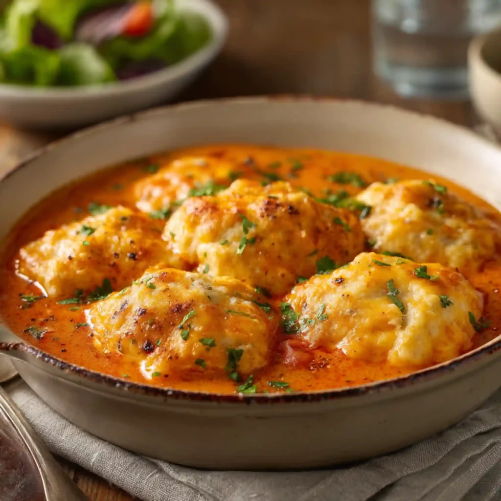 Golden baked dumplings in creamy tomato sauce with parsley
