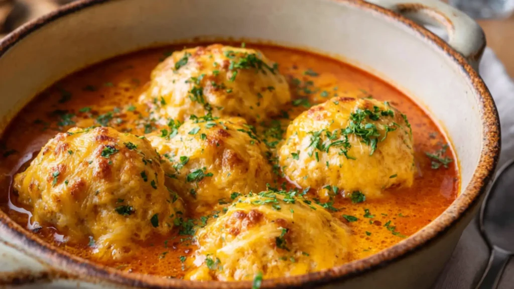 Cheddar bay dumplings baked in creamy tomato soup with fresh parsley