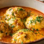 Cheddar bay dumplings baked in creamy tomato soup with fresh parsley