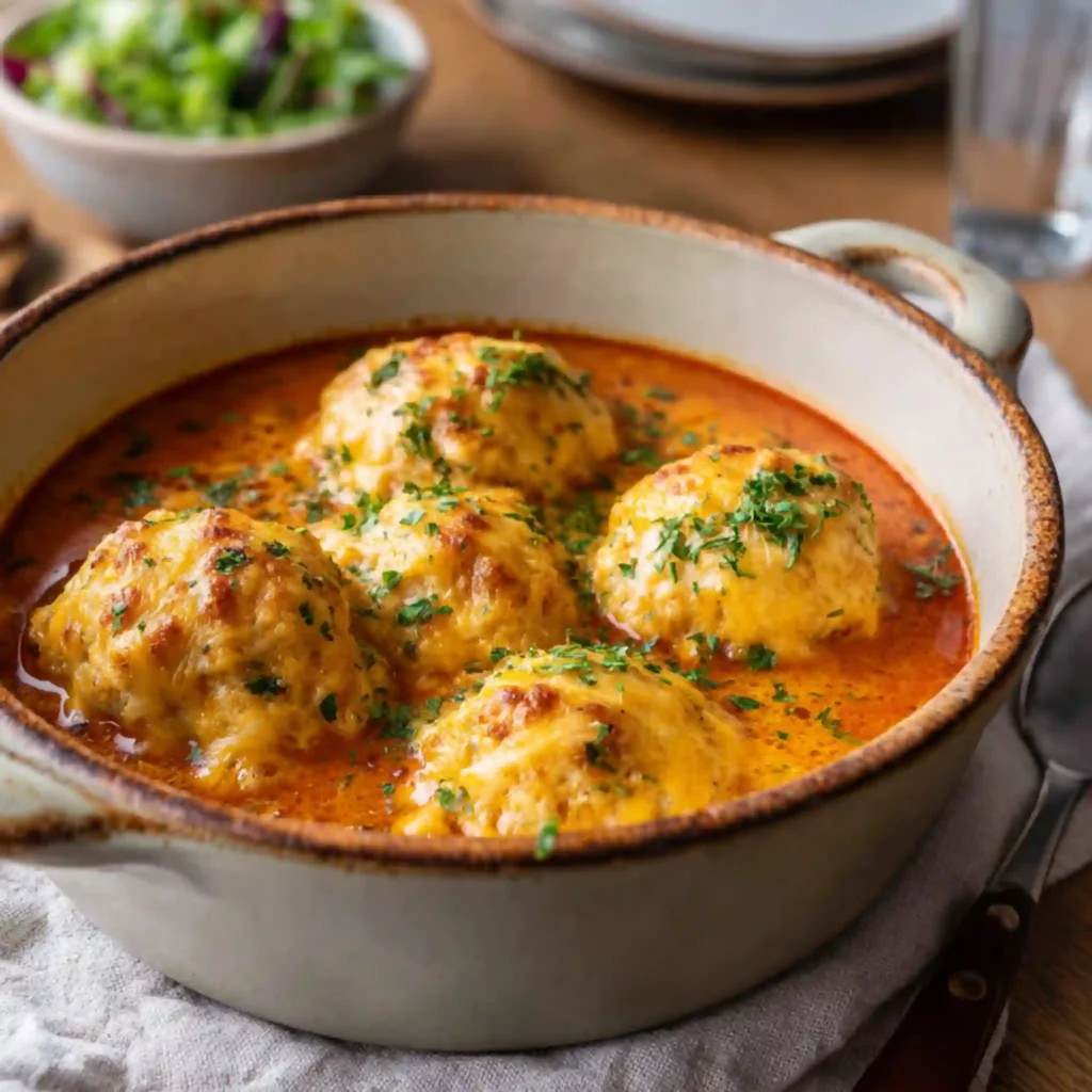 Baked cheddar dumplings simmering in tomato cream sauce
