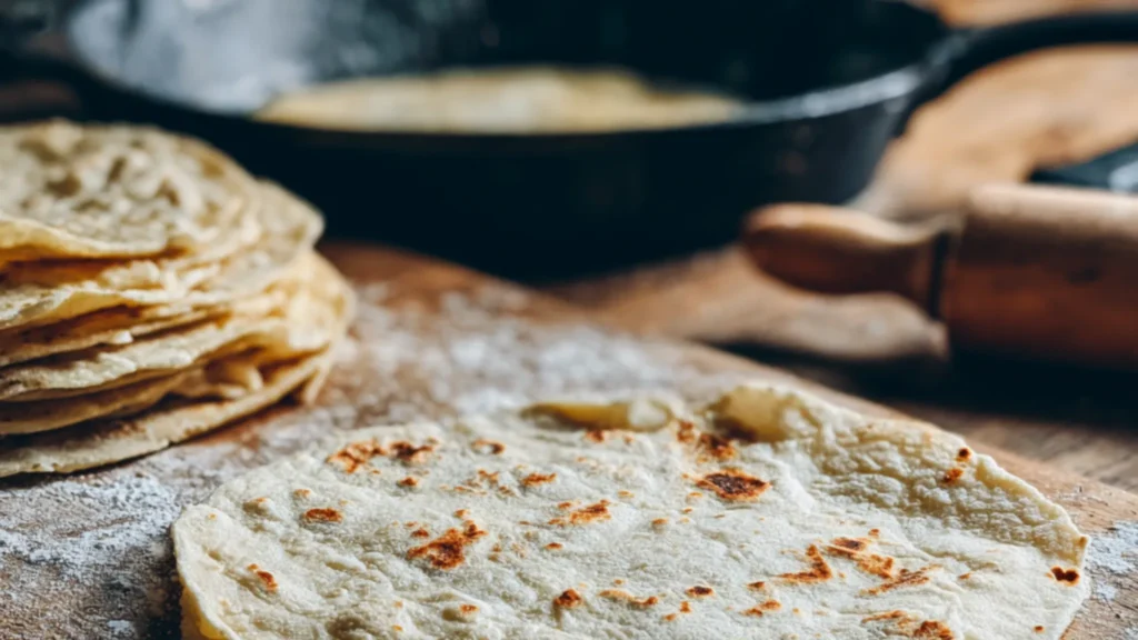 Sourdough discard tortillas cooking on a wooden surface with a skillet