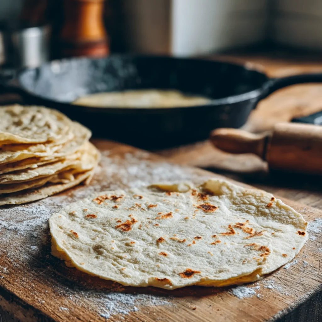 Stack of sourdough discard tortillas on a floured wooden board
